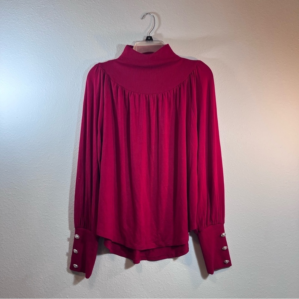Cupio Blush Jester Red Puff Sleeve L Gathered Yoke Ribbed Mick Women’s top NWT - Picture 2 of 10